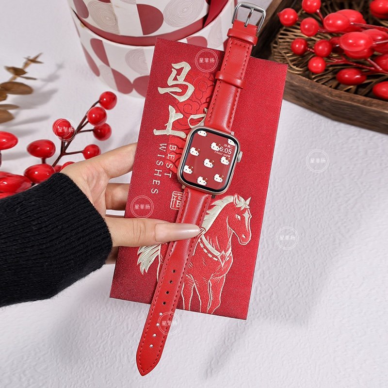 适用苹果S11/S10手表表带新年红色皮质荔枝纹iwatch10秋冬applewatch9针扣S8腕带Ultra3/2女款SE运动6男7创意