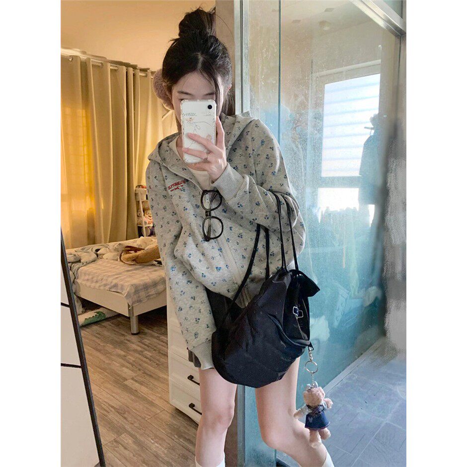 美式复古碎花连帽运动衫