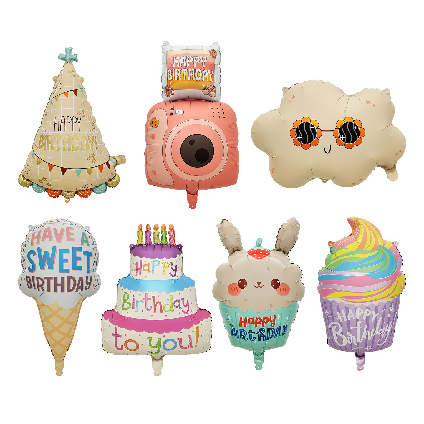 新款哑光冰激凌照相机雏菊云朵铝膜气球儿童生日派对装饰场景布置