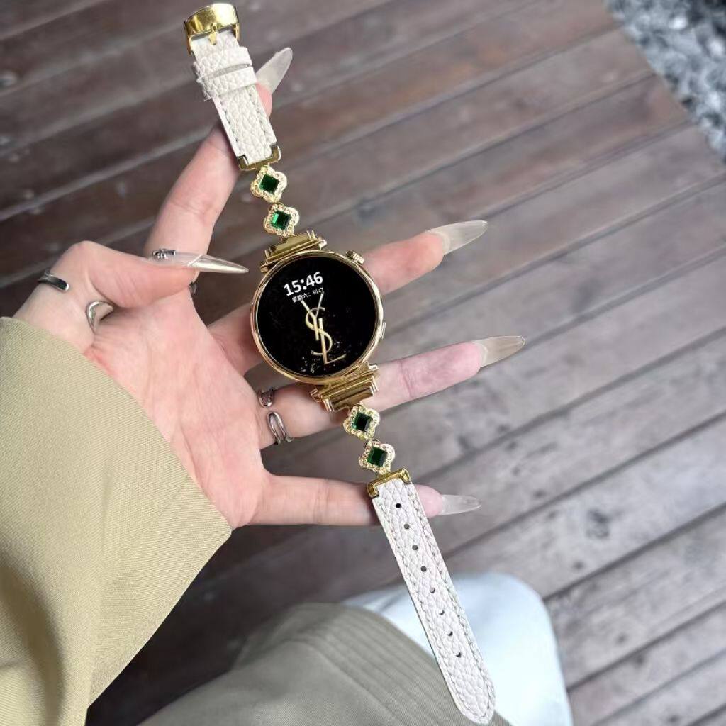 适用于华为gr6手表带轻奢高级感四叶花镶钻拼皮gt5/4/3/2pro表带