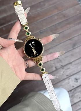 适用于华为gr6手表带轻奢高级感四叶花镶钻拼皮gt5/4/3/2pro表带