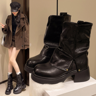 专柜同款马丁靴女2025秋季新款英伦风厚底短靴中筒配裙子西部靴子