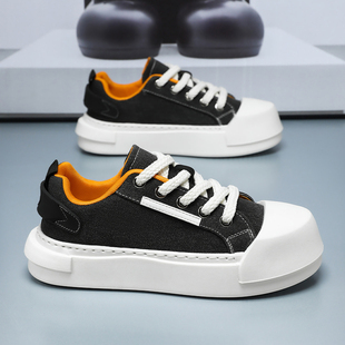 帆布鞋男夏季透气防臭厚底运动休闲大头板鞋男款黑色工作冰丝布鞋