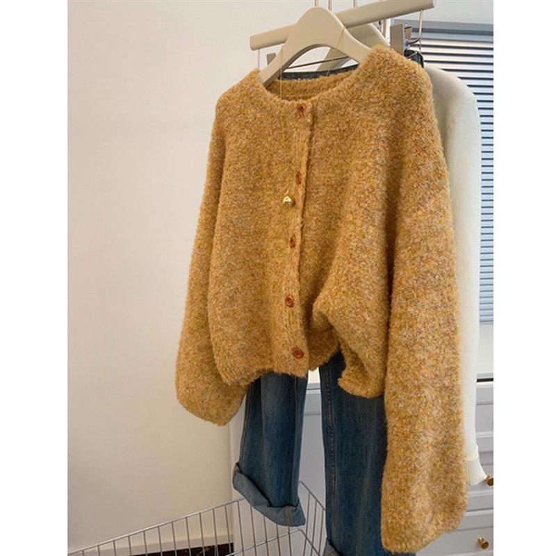 日系甜美黄色毛衣女圆领针织开衫外套女秋季2025新款宽松减龄上衣