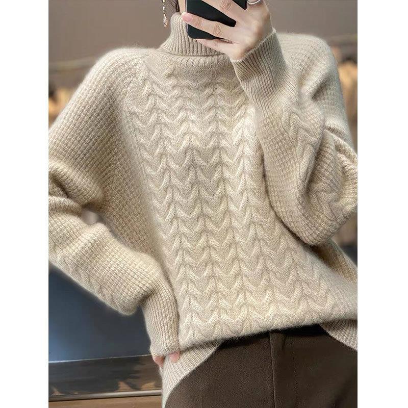 重磅加厚高领开衫女复古麻花毛衣宽松韩版大码针织衫打底毛衣