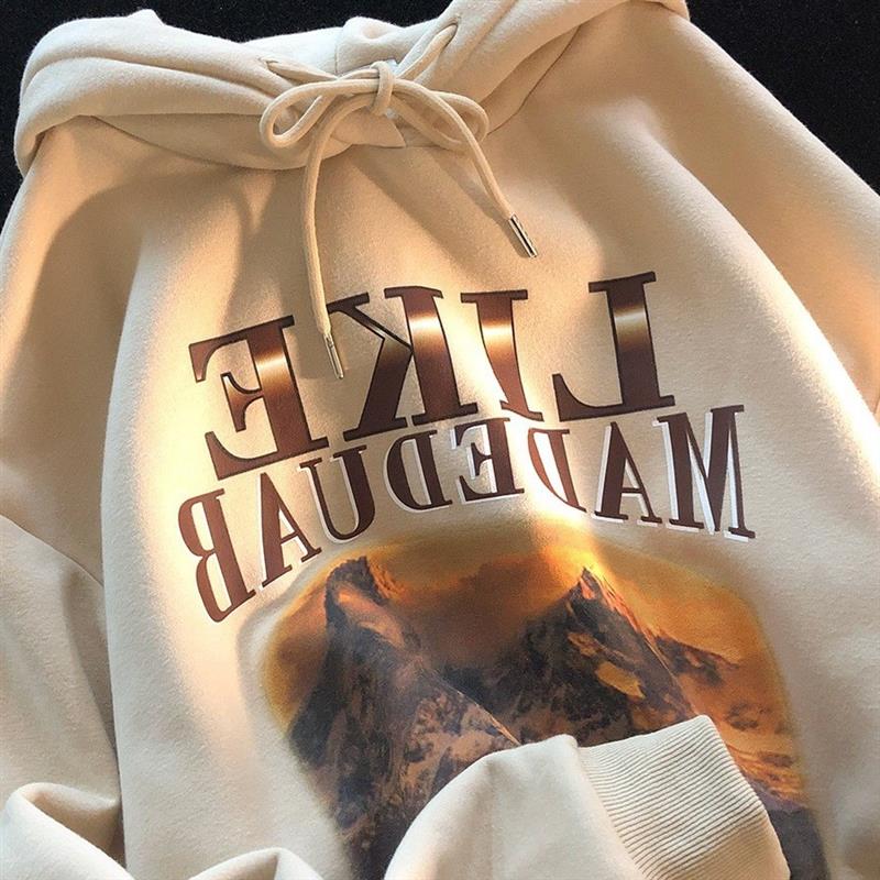 美式秋冬新款小众连帽印花卫衣宽松ins加绒帽衫外套