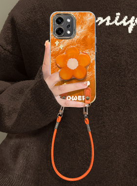 适用OPPOReno14手机壳Reno13橙色花朵12Pro新款女11保护套10全包防摔reno9带镜头膜8/7唯美创意6创意支架挂绳
