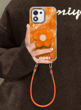 适用荣耀X70i手机壳X60GT橙色花朵X50Pro创意支架挂绳X40高级感新款女X40全包防摔X30带镜头膜honor不会撞壳