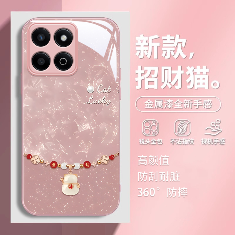 适用荣耀畅玩60plus手机壳新款畅玩50招财猫畅玩40防摔30可爱女网红20pro新年金属漆玻璃20A高级镜头全包