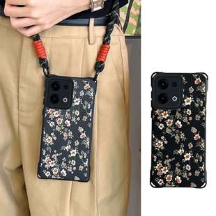 适用OPPOReno13手机壳Reno14复古花朵12Pro女新款 创意reno6四角挂绳壳 11高级感10轻奢风reno9全包防摔8 7个性