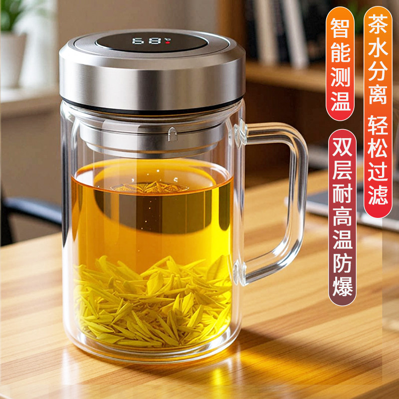 1升大容量双层玻璃杯带手柄办公家用泡茶杯耐高温防爆水杯带茶隔