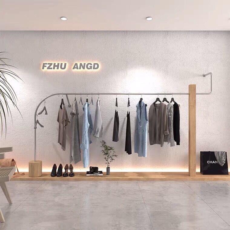 服装店展示架上墙壁挂式不锈钢原木色挂衣服架子女装专用陈列货架