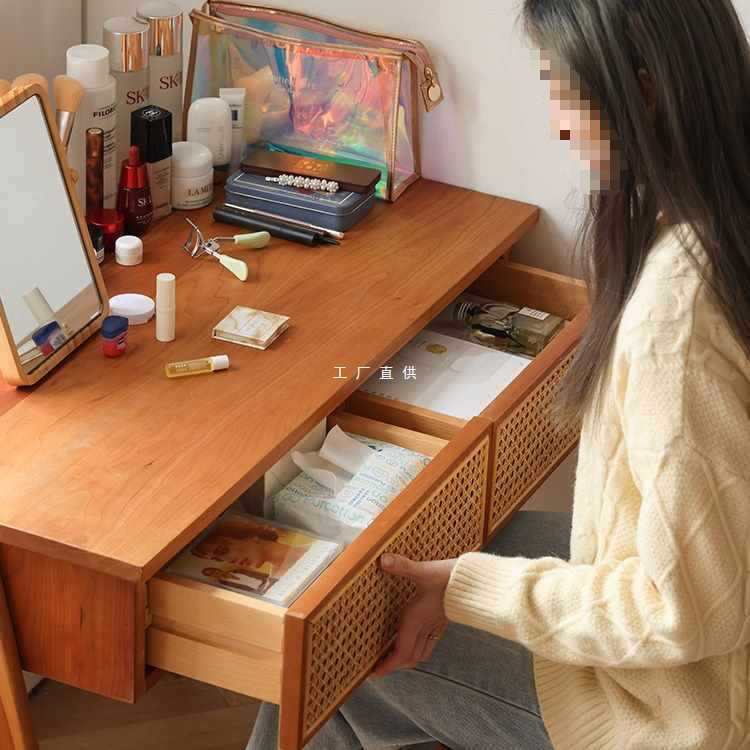 日式北欧实木书桌小户型樱桃木藤编卧室简约梳妆台一体电脑桌家用