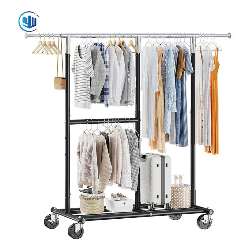 晾衣架两层置物架衣架家用卧室落地挂衣服架子服装展示架带轮