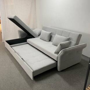 极简中小户型客厅折叠两用转角带储物箱仿棉麻多功能沙发床