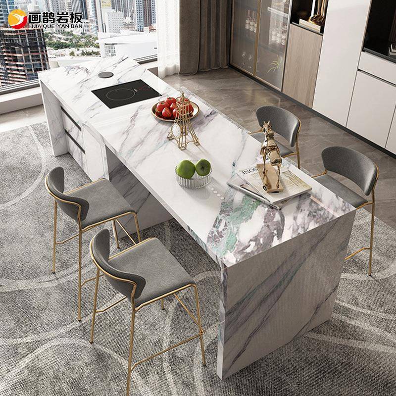 现代轻奢岩板岛台餐桌一体家用客厅高端吧台厨房多功能收纳操作台