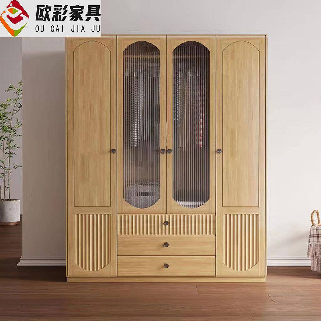 北欧实木衣柜家用中小户型单门双门带玻璃收纳柜现代简约卧室衣橱