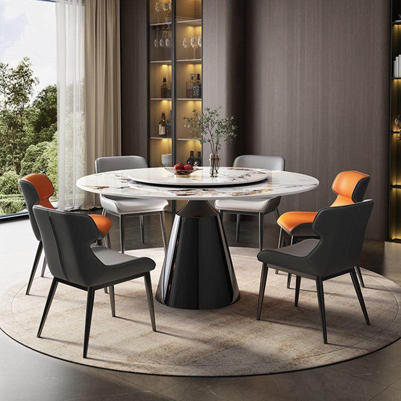 轻奢亮光岩板餐桌椅组合现代简约家用小户型客厅圆形带转盘饭桌子