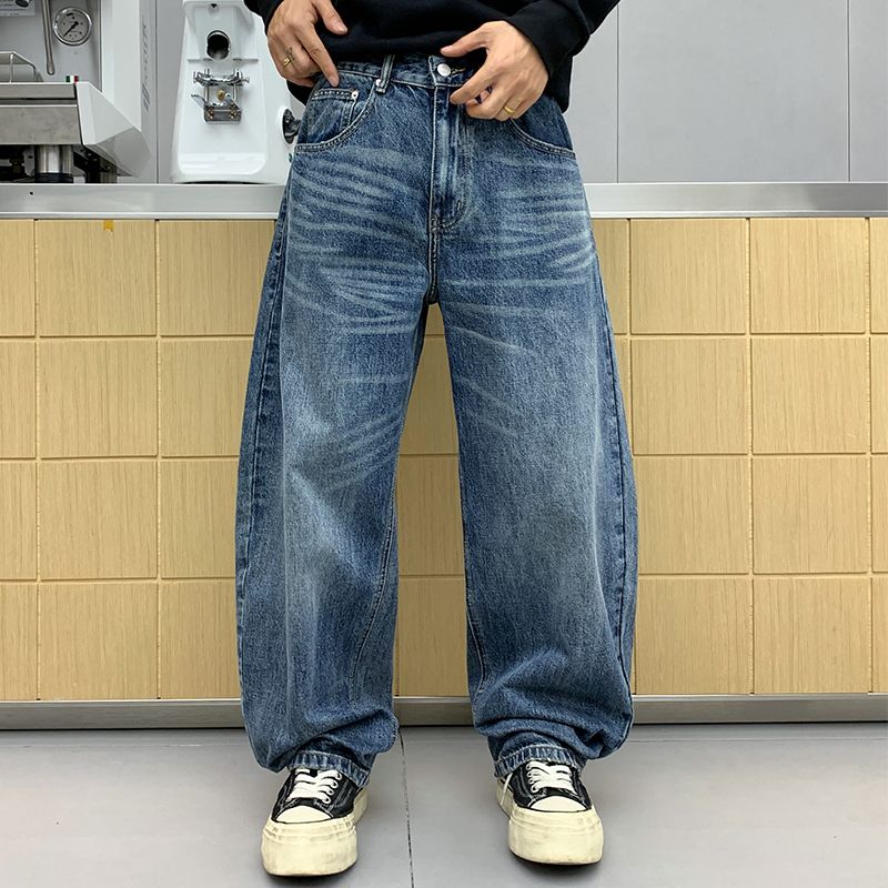 美式复古折痕纹水洗弯刀牛仔裤男士宽松直筒休闲百搭潮牌潮流长裤