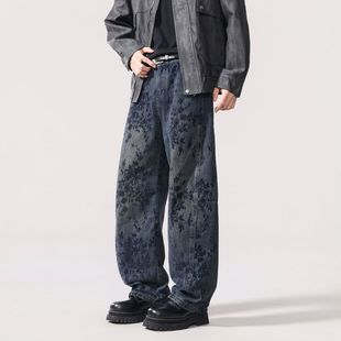 【植绒提花刺绣】新款复古提花弯刀牛仔裤男士加绒保暖宽松直筒裤