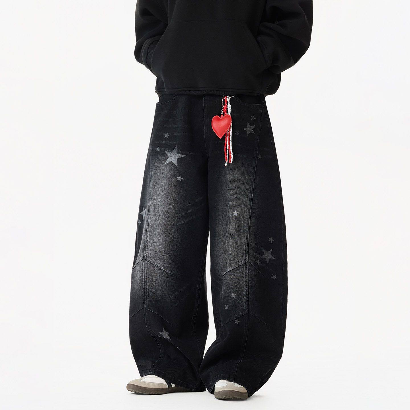 【星星印花】潮牌美式水洗做旧褶皱牛仔裤男女宽松弯刀阔腿长裤子,男装,牛仔裤,淘宝优惠券,粉丝福利购,淘宝优惠卷