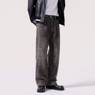 【植绒提花】冬季新中式老钱裤牛仔裤男绒感复古宽松加厚直筒裤