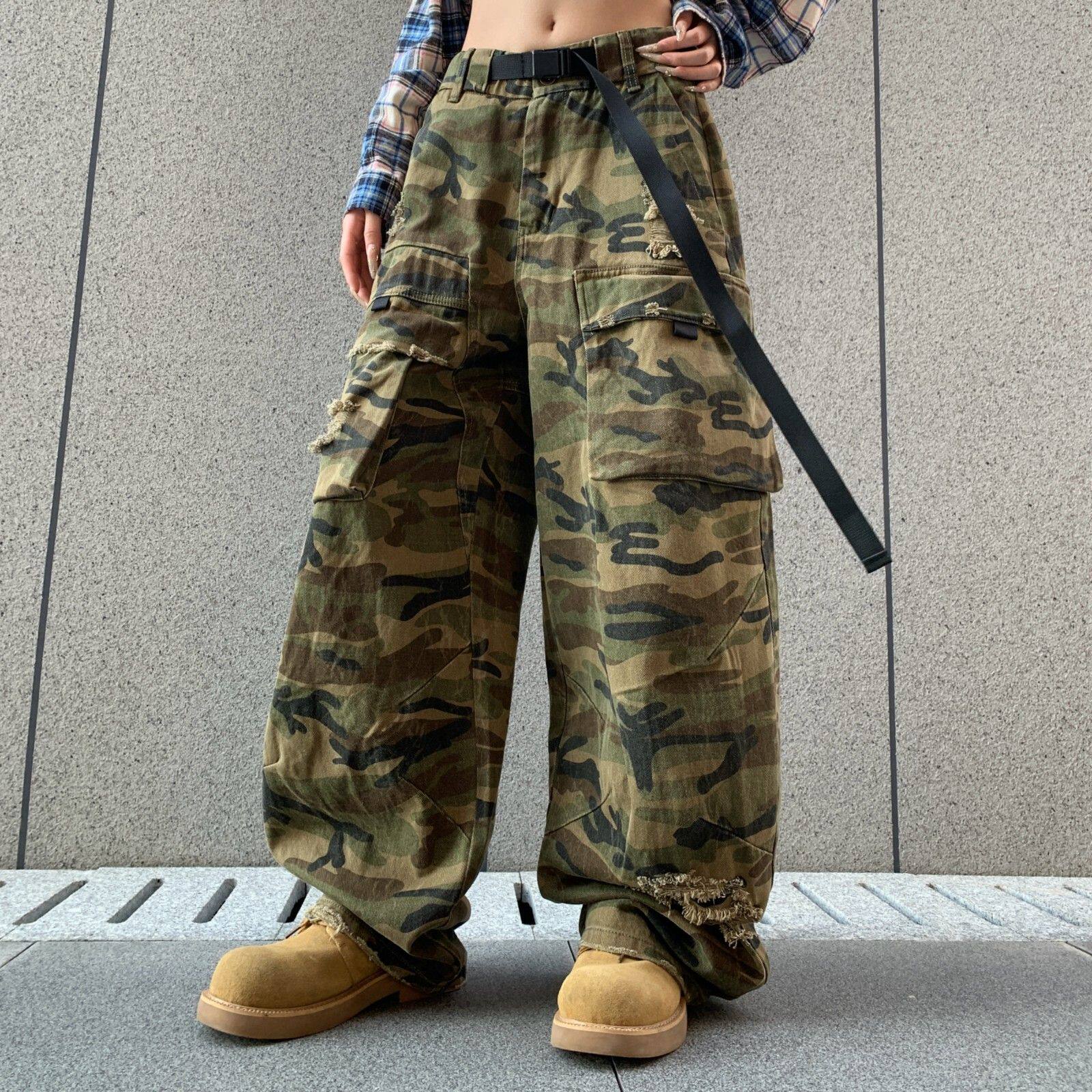 新款潮牌迷彩水洗牛仔裤男女款弯刀裤宽松阔腿破洞大口袋工装裤子
