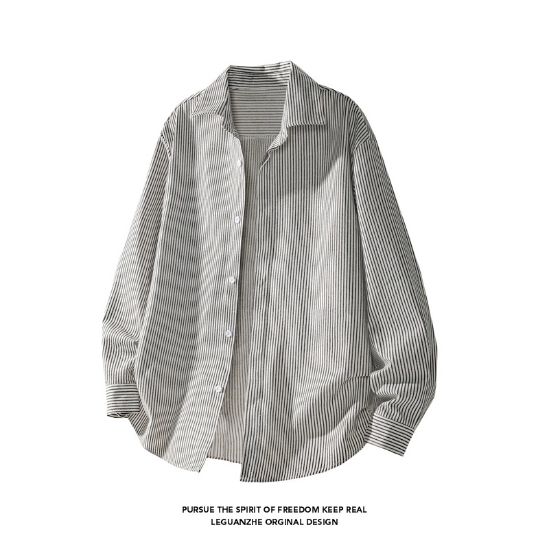 美式复古条纹衬衫长袖男款春秋新款潮牌宽松休闲衬衣hiphop上衣服