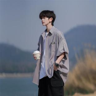 新款 二更冰絲短袖 襯衫 男夏季 上衣高級(jí)感休閑寬松男生襯衣外套 男士