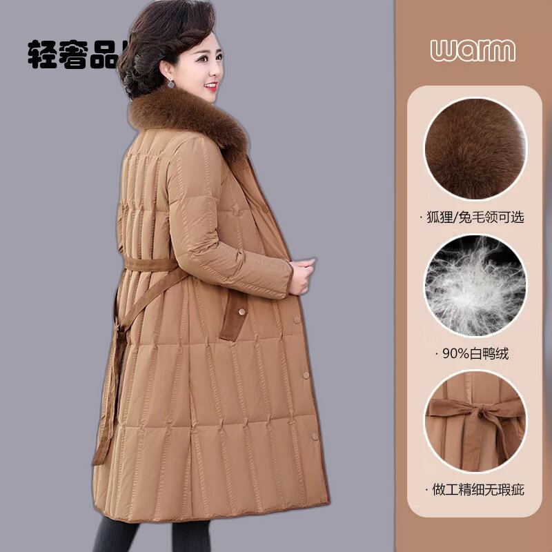 朗姿约定妈妈冬装羽绒服狐狸毛领中年中长款外套中老年兔毛领棉袄