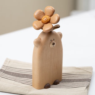小熊干花花瓶实木水培花器可爱卡通桌面摆件乔迁礼品木质花插刻字