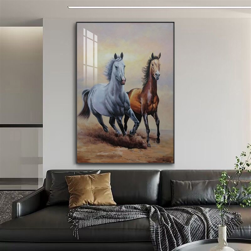 白马装饰画简约现代客厅玄关尽头挂画酒店走廊R楼梯壁画沙发落地图片