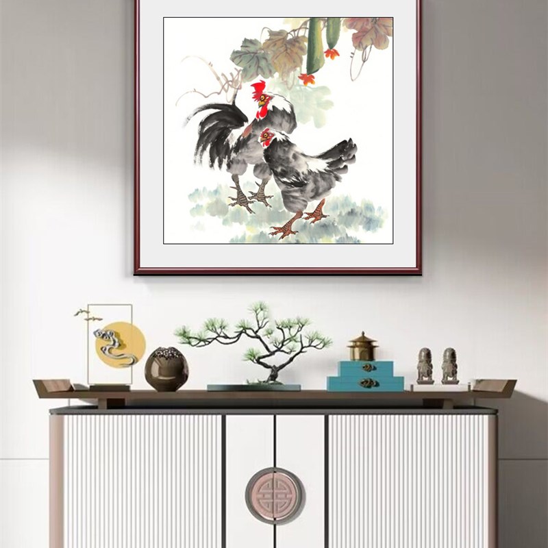 徐悲鸿国画玄关风水大公鸡斗方形字画客厅装饰画挂U餐厅鸡鸣富贵图片