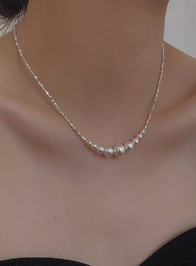 极速fever同款施m家珍珠圆珠项链 碎银子拼接珍珠颈炼复古轻奢锁