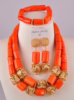 极速elegant orange nigerian coral beads jewelry set Xafrican