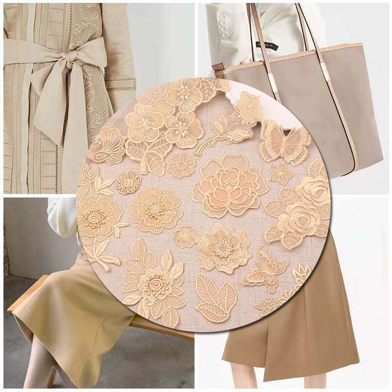极速卡其色蕾丝布贴欧根纱花朵刺绣自粘纱裙衣服修V补装饰补洞修