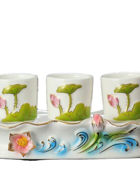 新品供佛三连杯佛前杯陶瓷浮雕彩绘荷花供水杯Q莲花小酒杯大悲水