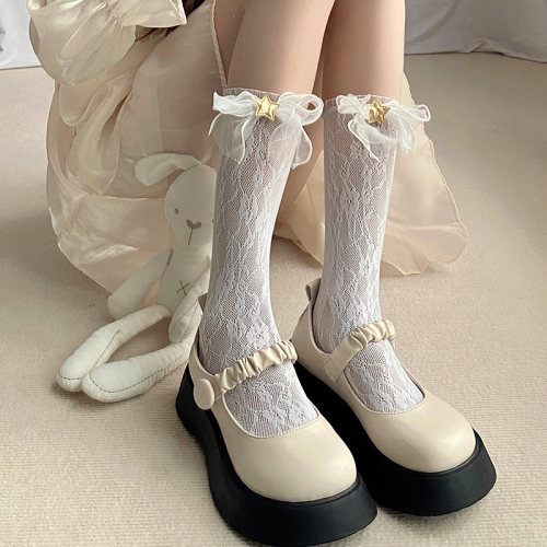 新品2024洛丽塔袜子女蕾v丝网纱蝴蝶结白色小腿袜星星丝袜jk白丝
