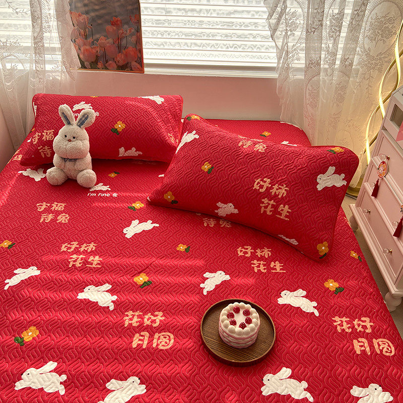 极速纯棉床单结婚大红色全棉印花C被单双人喜字夹棉床盖三件套床