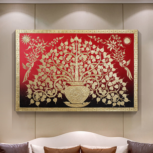 饰画泰式 装 金箔画客厅玄关L挂画餐厅走廊壁画菩提 东南亚风格 新品