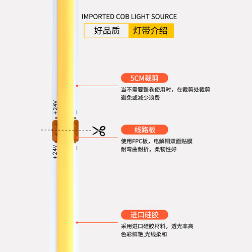 极速高亮24vf三色变光480灯COB灯条背胶自粘柔性线性灯光源2700K
