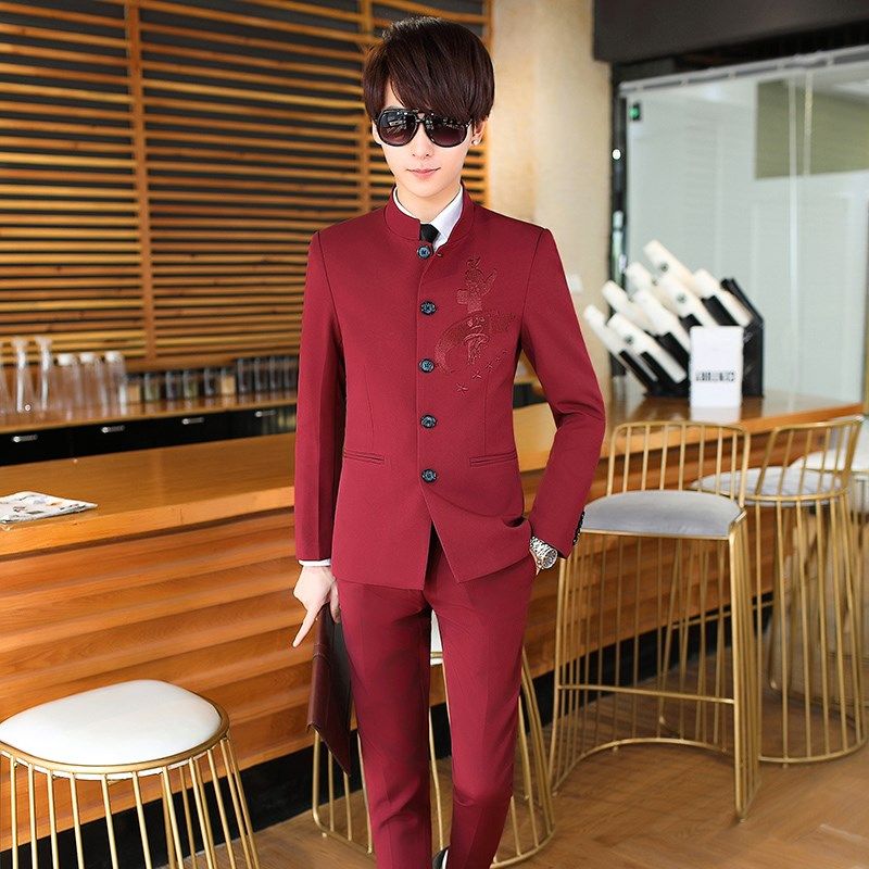 极速青少年中山装套装三件套男立领韩版修身西服S男演出服结婚礼