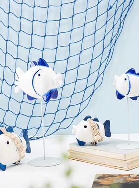 极速地中海风格i家居饰品蓝白木质对鱼摆件做旧亲嘴鱼桌面电视机