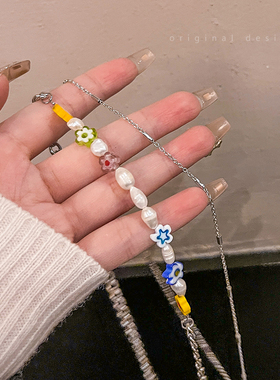 新品泫雅风彩色串珠花朵项链女双层小众设计感甜酷锁W骨链轻奢小