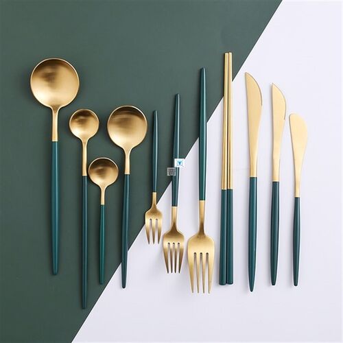 极速blackish green dinnerware set gold chopNsticks knife for