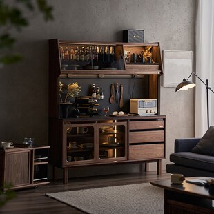 极速实木餐边柜靠墙一体家用大容量收纳柜K茶水柜黑胡桃木酒柜储