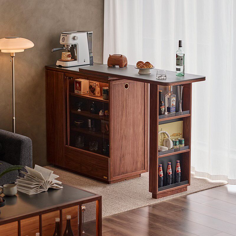 极速实木可伸缩岛台m沙发边柜餐厅黑胡桃木餐边柜展示吧台酒柜咖