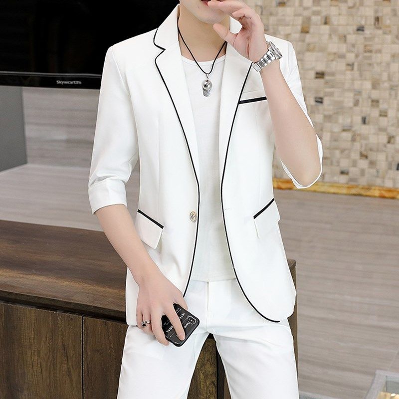 极速夏季七分袖西服男套装v韩版修身短袖男装外套上衣休闲中袖轻