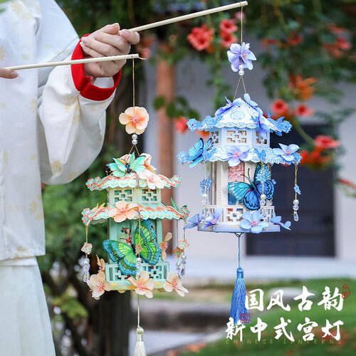 新品2025新款新年灯笼纸儿童手提宫廷花灯diyR手工材料包兔子灯莲