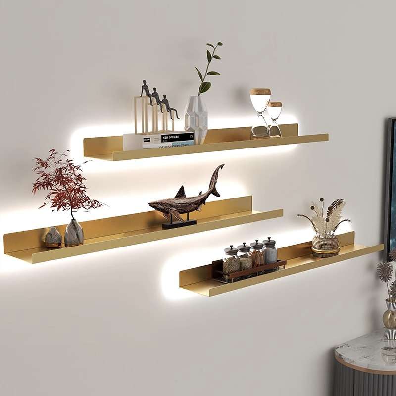 现代简约墙上一字隔板置物架层板书架铁艺发光客厅墙面壁挂展示架